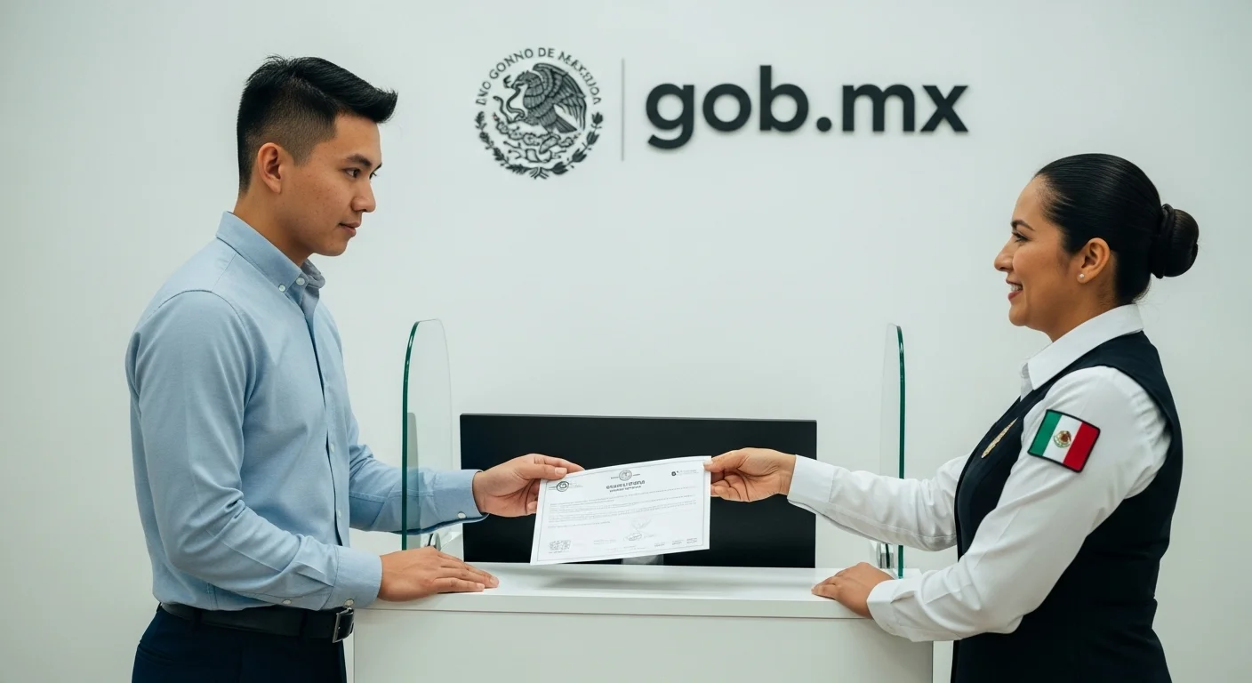 Imagen descriptiva de un ciudadano realizando un trámite de acta certificada en una oficina del gobierno mexicano, con el logo de gob.mx visible.