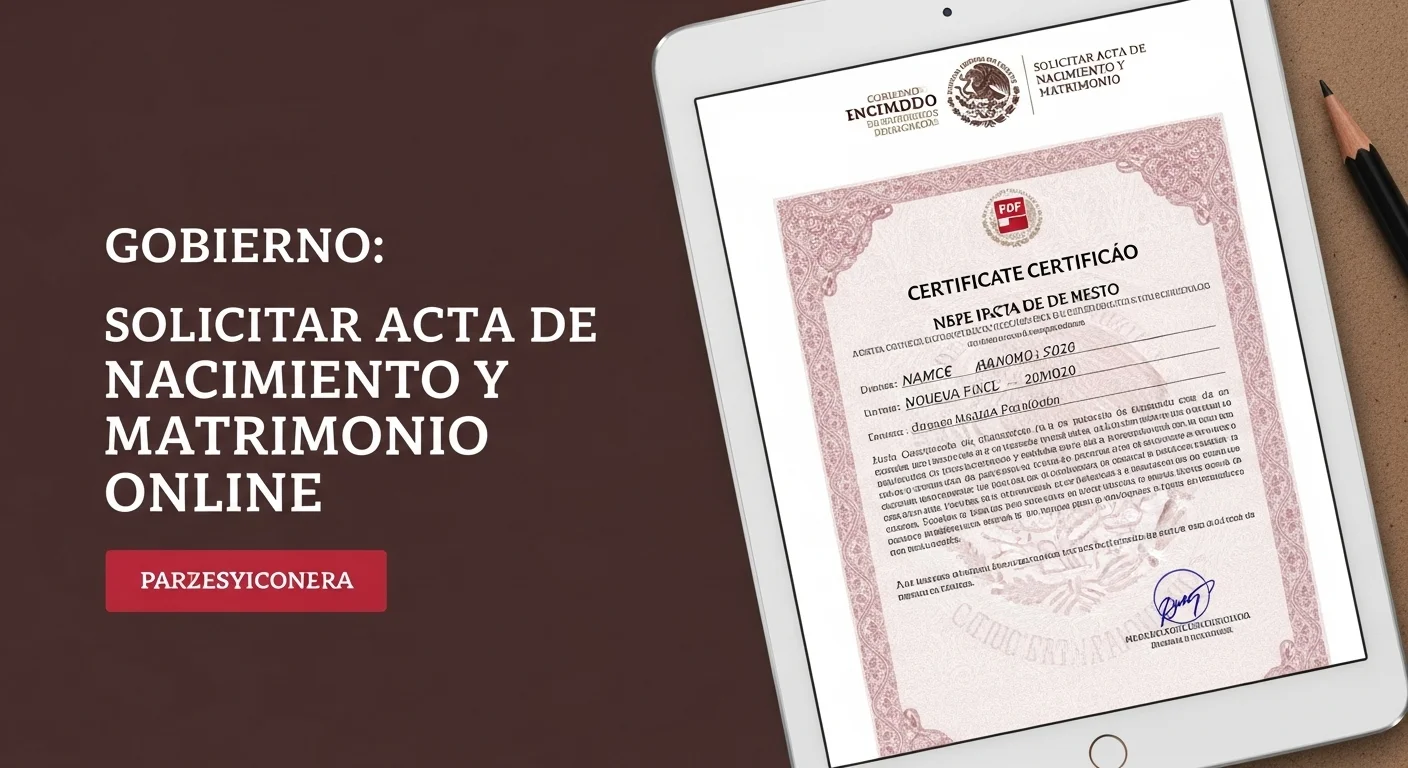 Imagen de una acta de nacimiento certificada en formato PDF mostrada en la pantalla de una tablet, con los logos del gobierno de México.