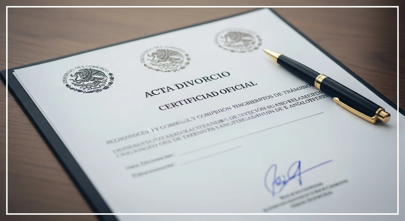 Documento oficial de acta de divorcio con sellos del gobierno mexicano y una pluma, simbolizando el trámite legal