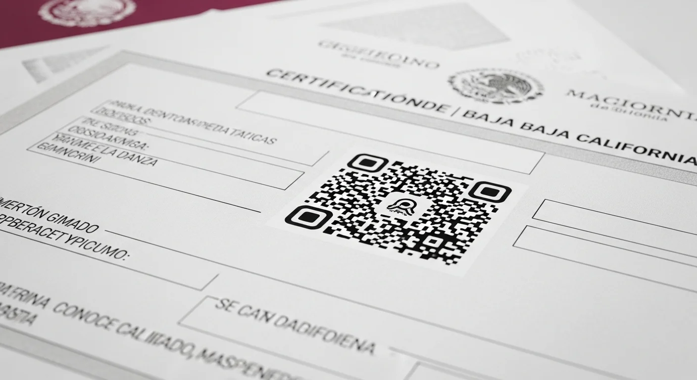 Imagen del formato de un acta de nacimiento mexicana con un código QR, destacando el trámite para Baja California.