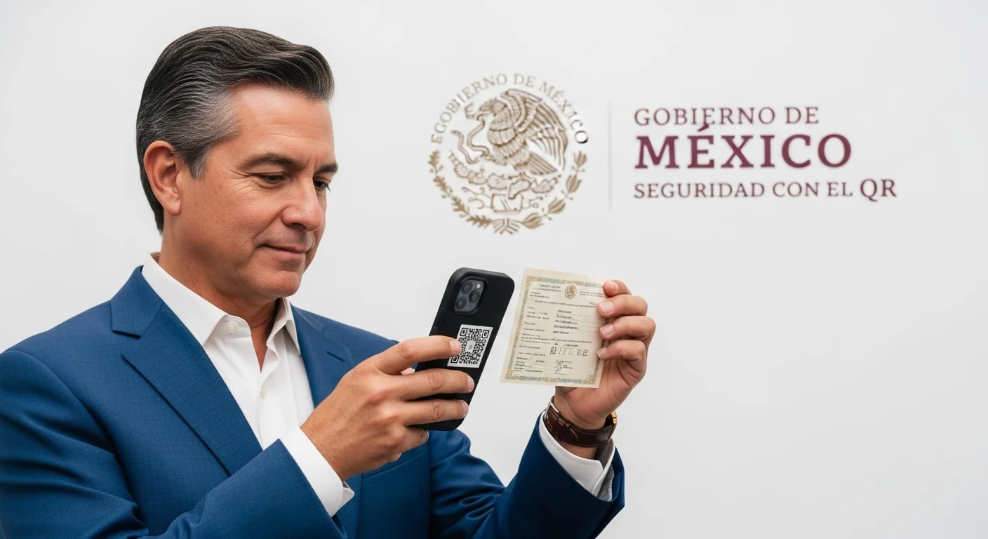 Una persona sostiene un acta de nacimiento mexicana mientras escanea el código QR con su celular, con el logo del Gobierno de México al fondo.