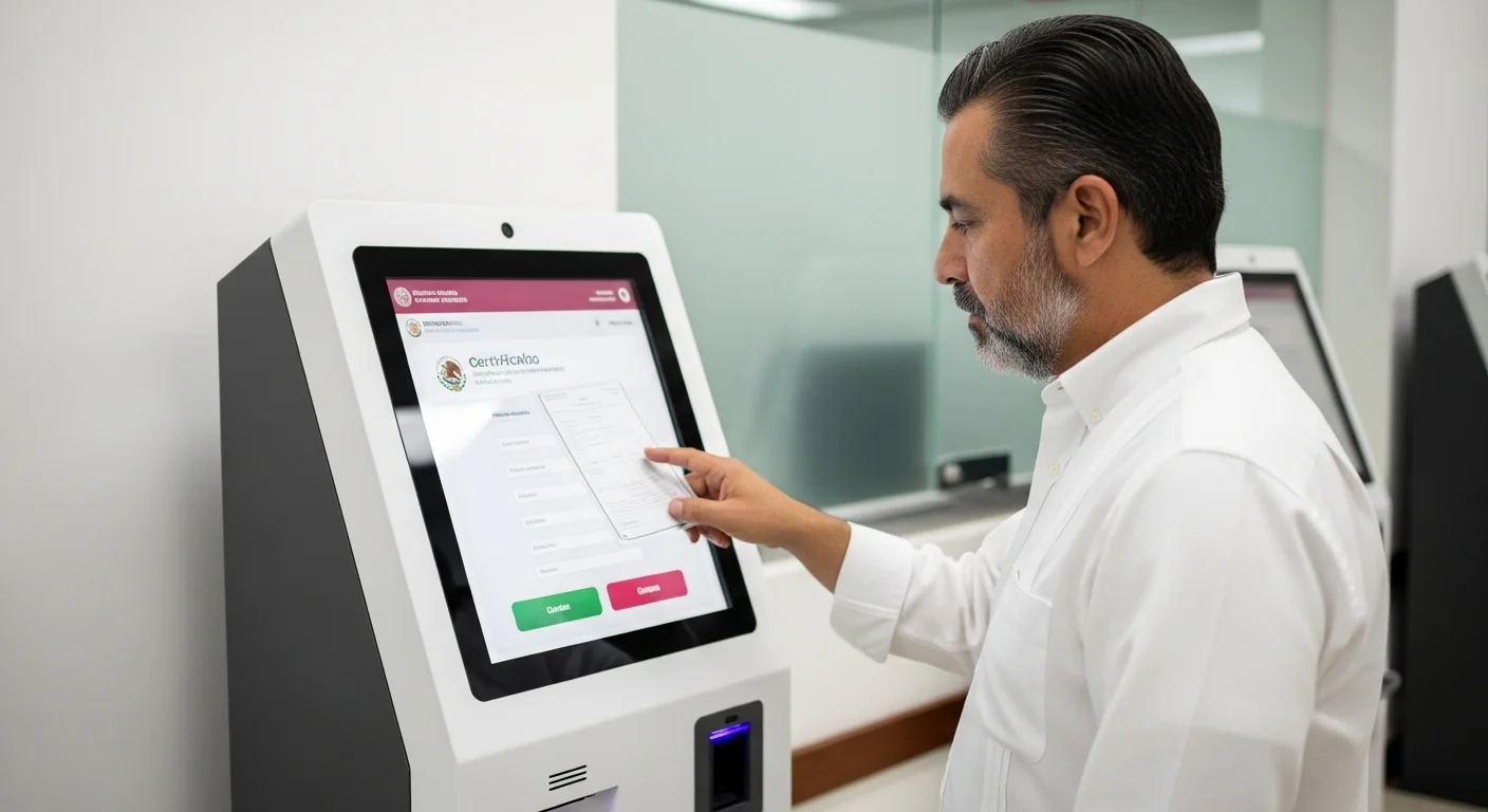 Ciudadano utilizando un kiosco digital del gobierno de México para tramitar su acta de nacimiento
