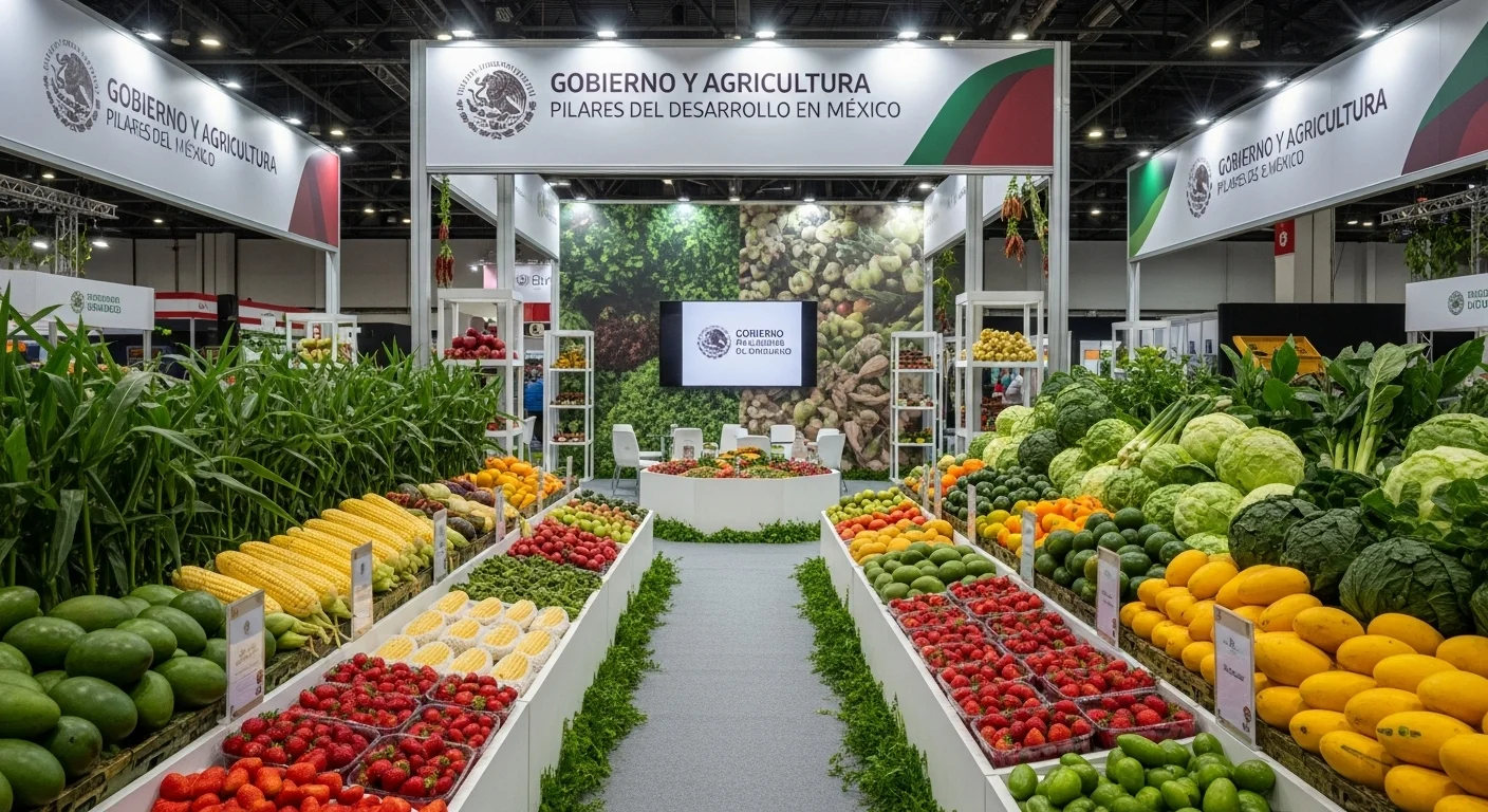 Pabellón del gobierno mexicano en una feria de agricultura, mostrando productos del campo.