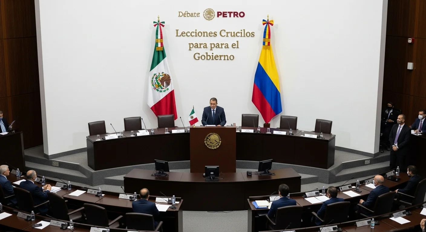 Podio de debate con banderas de México y Colombia, simbolizando el análisis del debate Petro para el gobierno mexicano.