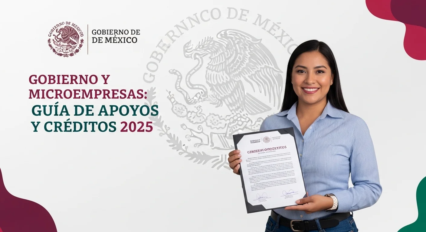 Una microempresaria mexicana sonriendo al recibir un documento que simboliza un apoyo del gobierno para su negocio, con el logo del gobierno de México al fondo.