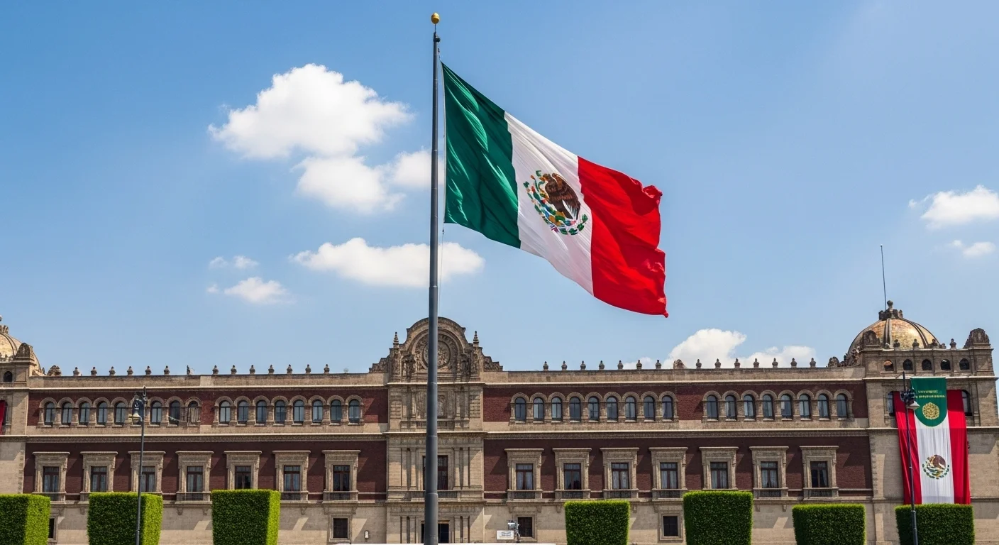 Palacio Nacional, sede del poder ejecutivo del gobierno de México, con la bandera mexicana ondeando.
