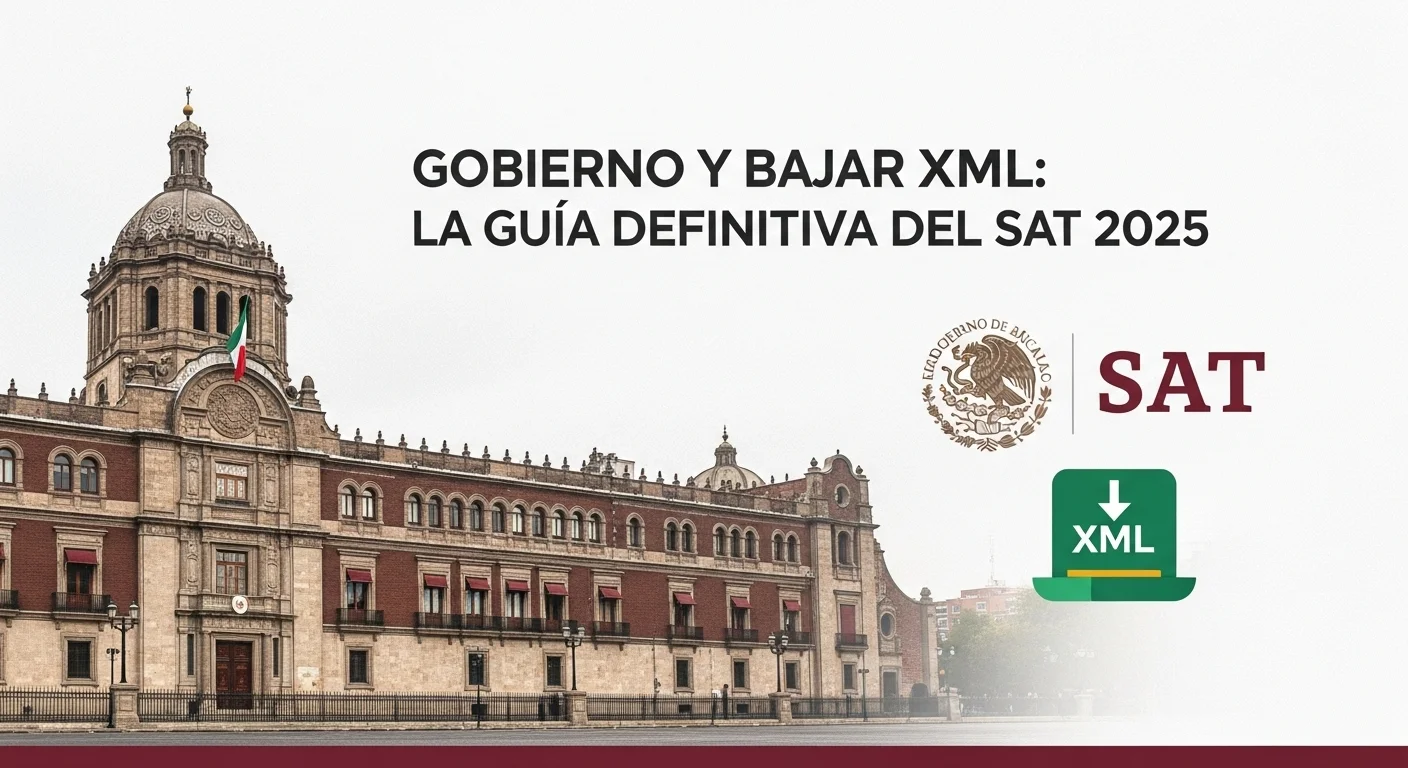 Ilustración del palacio de gobierno de México junto al logo del SAT y un ícono de descarga de archivos XML, simbolizando la gestión fiscal digital.
