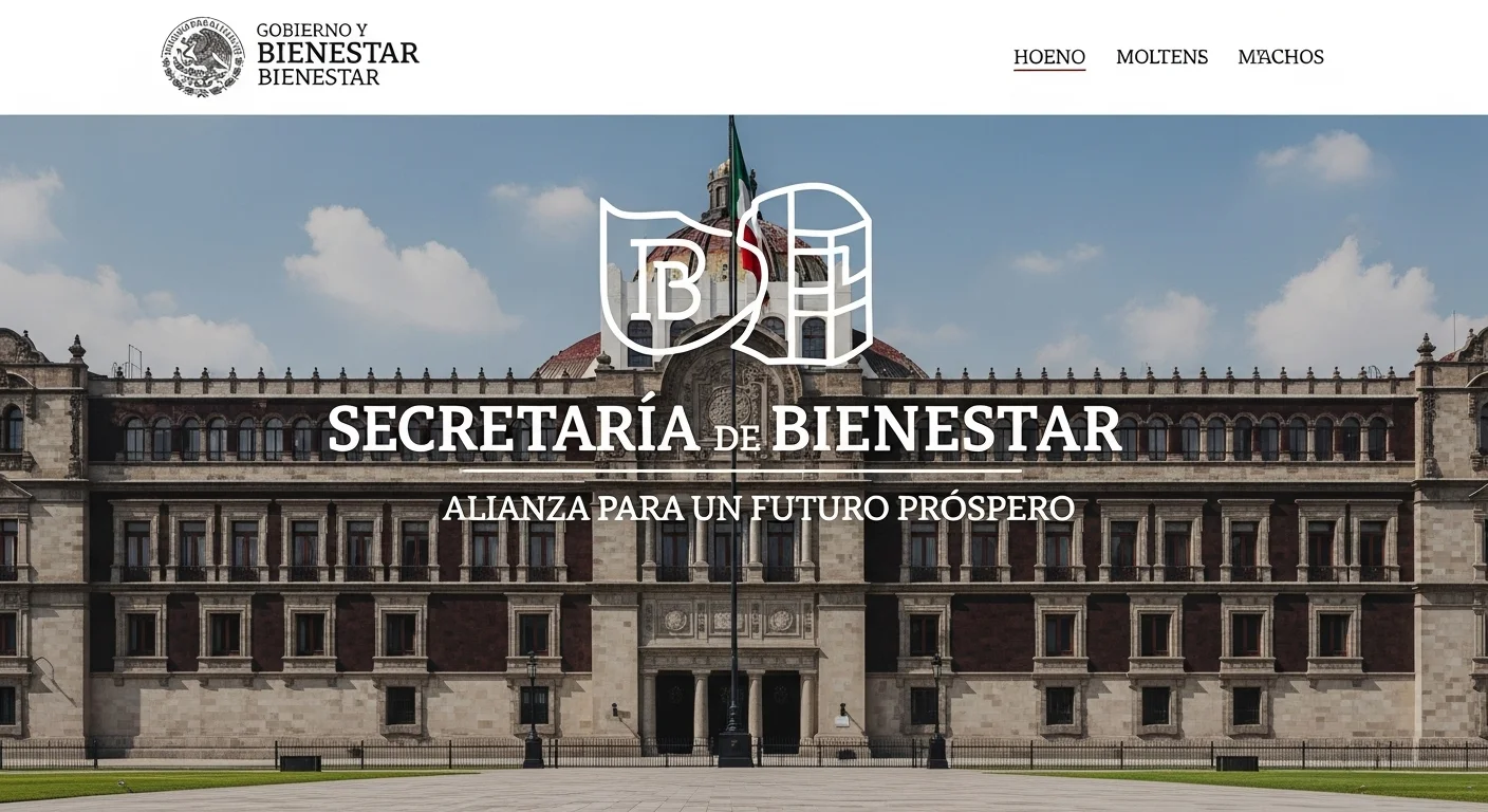 Palacio Nacional de México con el logo de la Secretaría de Bienestar superpuesto, representando las políticas del gobierno mexicano.