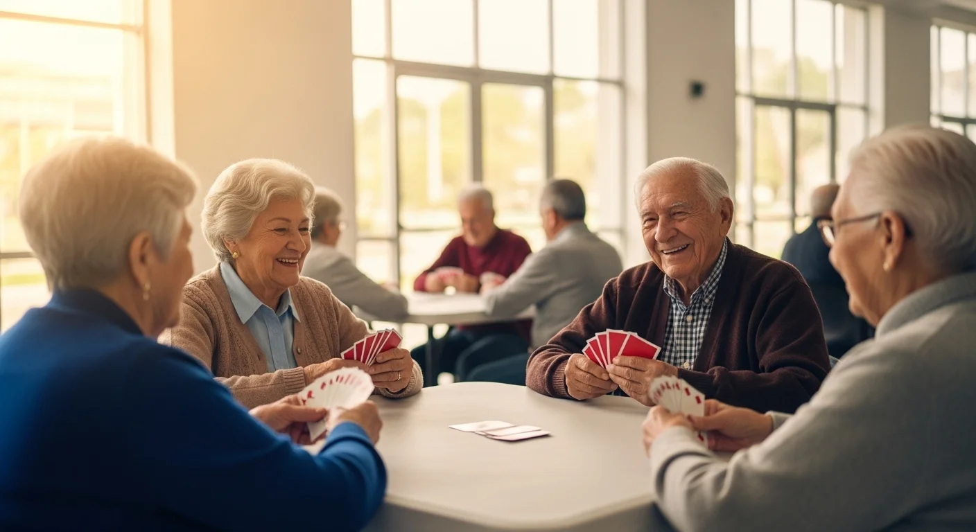Un grupo de adultos mayores sonríe mientras participa en una actividad recreativa en un centro comunitario en San Luis Potosí, reflejando bienestar emocional y psicológico.