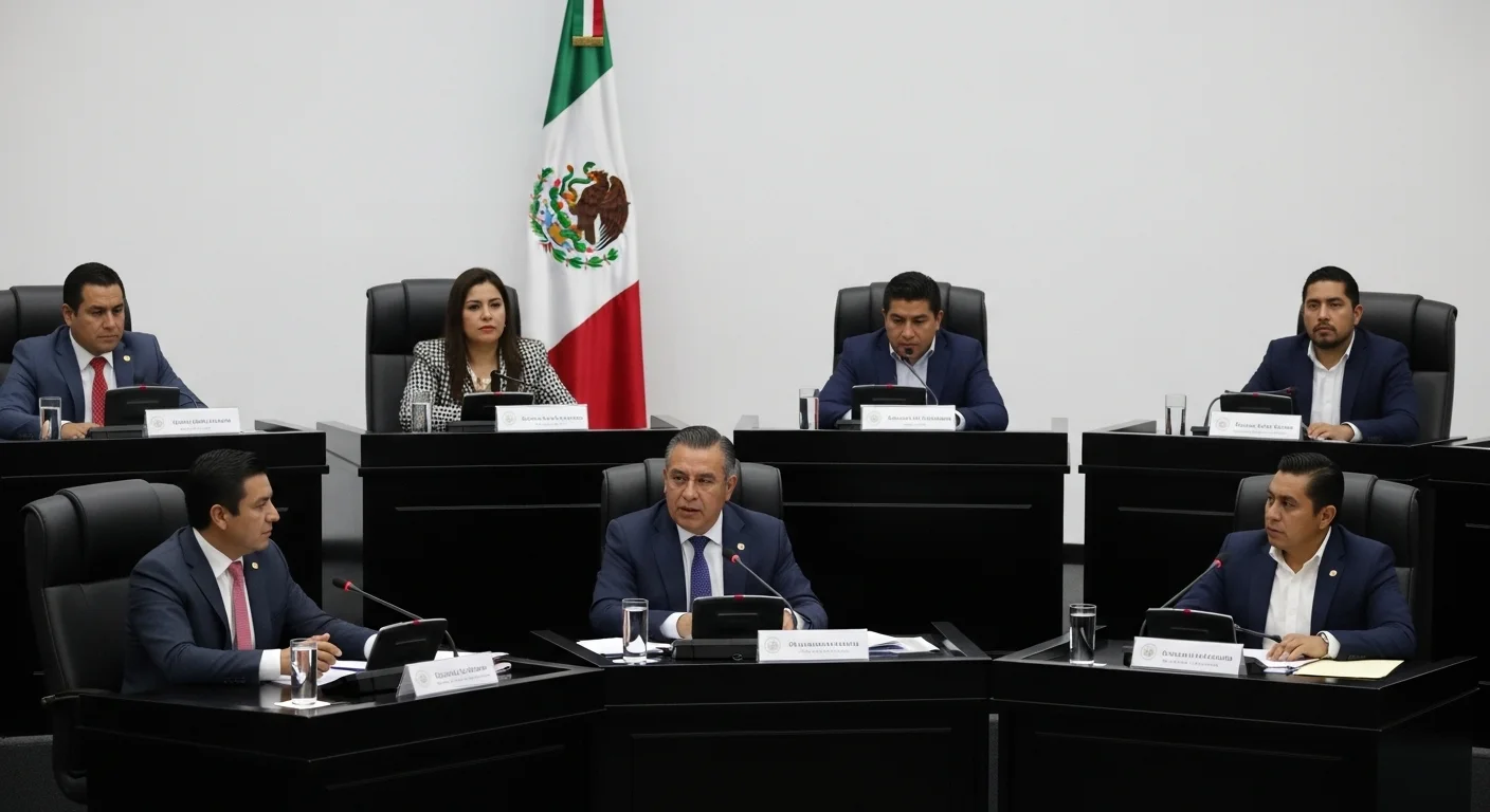 Sesión de un cabildo municipal en México, con regidores y presidente municipal discutiendo asuntos de gobierno, representando la administración pública local.