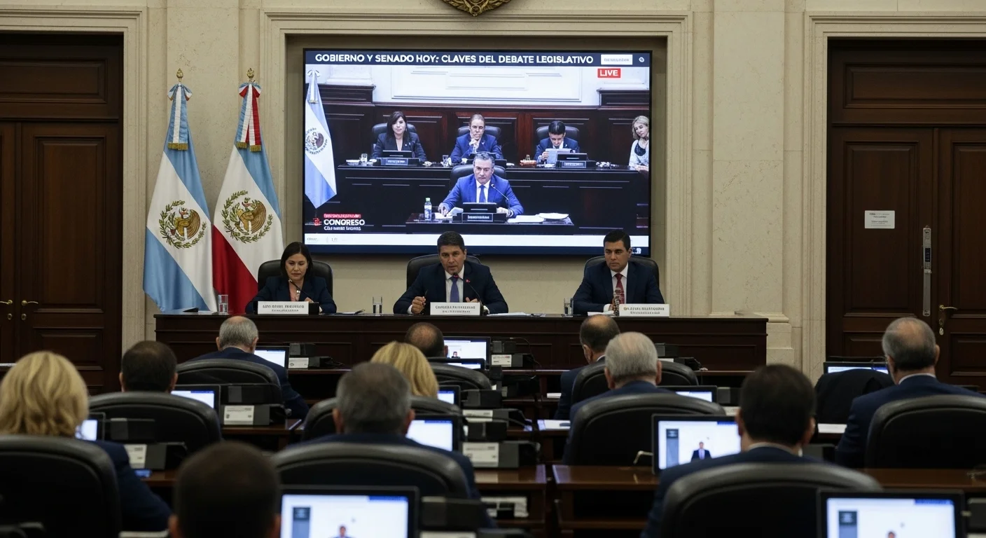 Pantalla mostrando una transmisión en vivo del Canal del Congreso, con senadores debatiendo, ilustrando el concepto de senado de la nacion en vivo hoy.