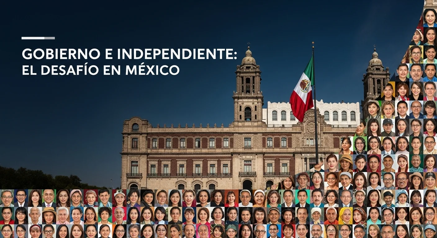 Mosaico de rostros diversos de ciudadanos mexicanos con la imagen del Palacio Nacional al fondo, simbolizando la pluralidad y la participación ciudadana en el gobierno de México.