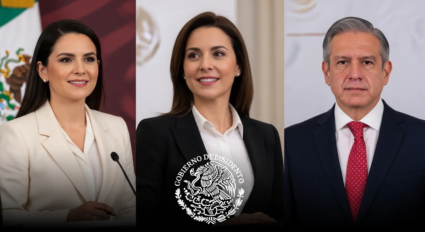 Imagen de los tres candidatos a la presidencia de México en 2024, Claudia Sheinbaum, Xóchitl Gálvez y Jorge Álvarez Máynez, con el logo del gobierno de México superpuesto.