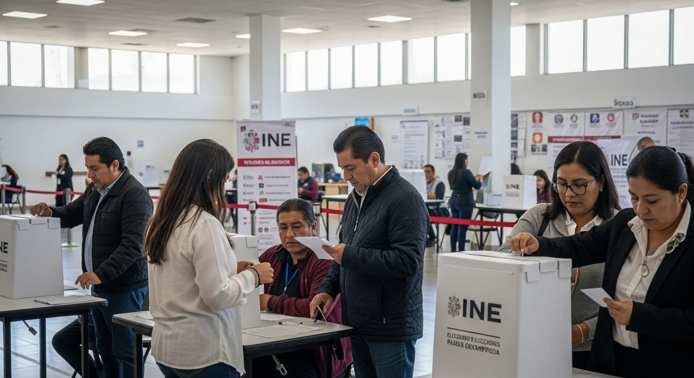 Ciudadanos votando en una casilla electoral del INE durante las elecciones de México 2024, demostrando el proceso democrático.