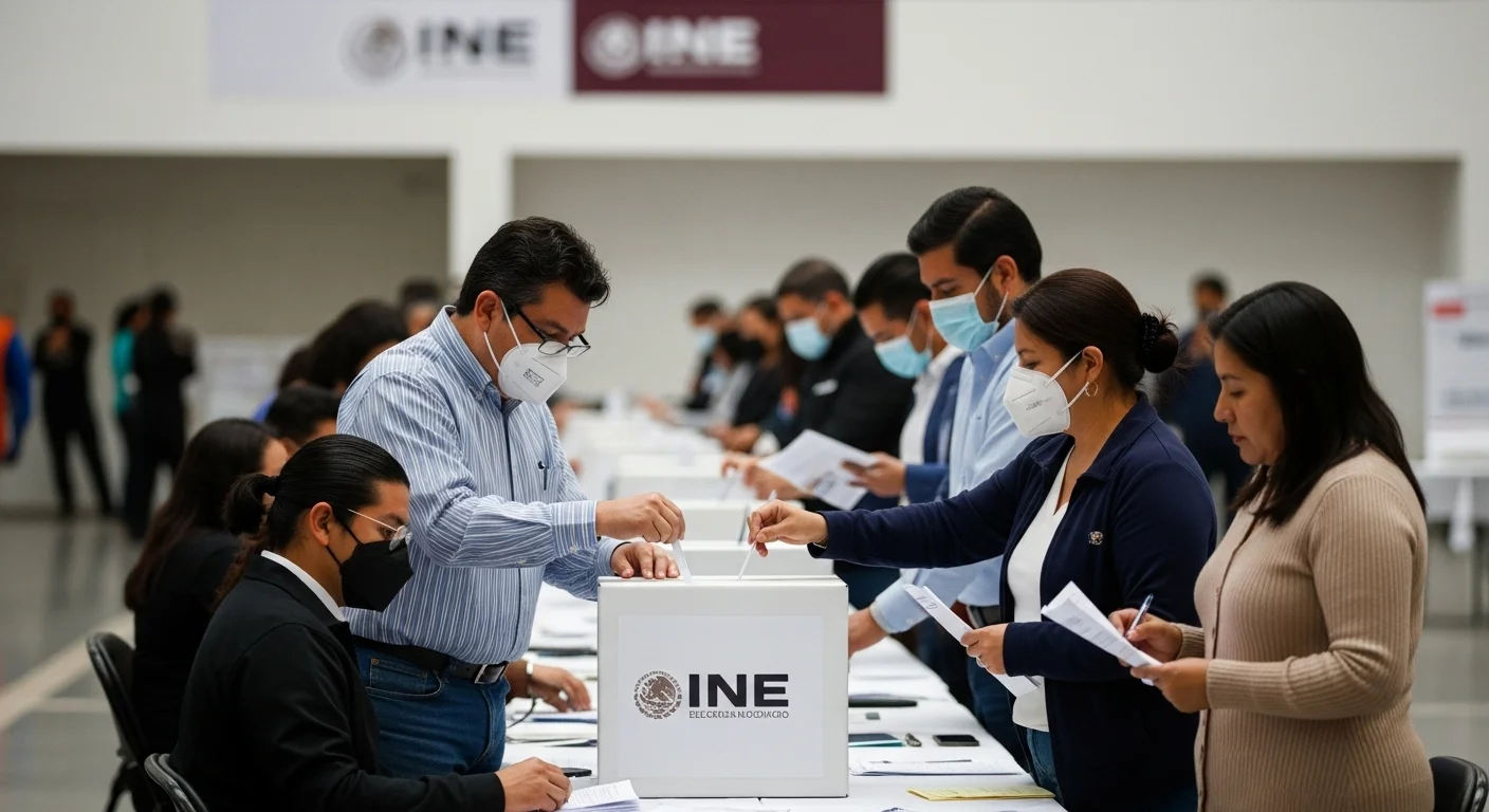 Ciudadanos votando en una casilla durante las elecciones de 2024 en México, con urnas y el logo del INE visibles, representando la democracia y el gobierno.