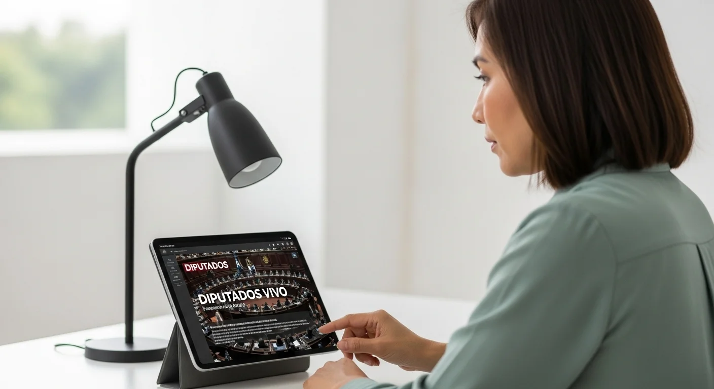 Ciudadano informado viendo la transmisión de Diputados Vivo en una tablet, representando la transparencia del gobierno.