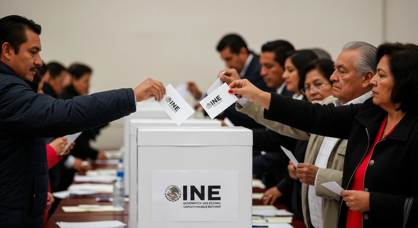 Manos de ciudadanos depositando su voto en una urna del INE, representando la participación ciudadana en las elecciones del gobierno mexicano.
