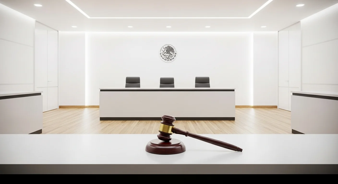 Una sala de juzgado vacía con un mazo, simbolizando la reforma a la Judicatura 2024 y el Consejo de la Judicatura Federal.