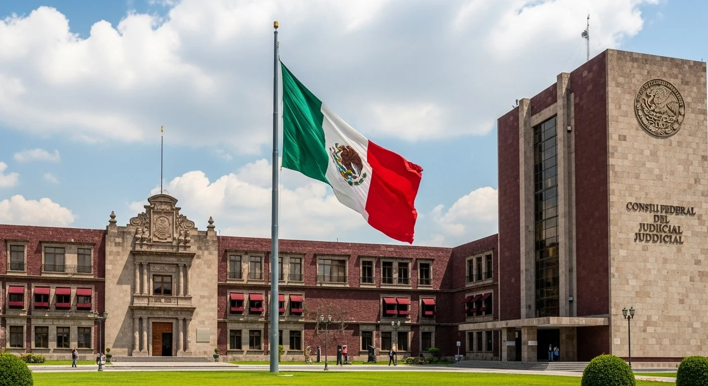Edificio del Consejo de la Judicatura Federal con la bandera de México, simbolizando la relación entre el gobierno y el poder judicial.