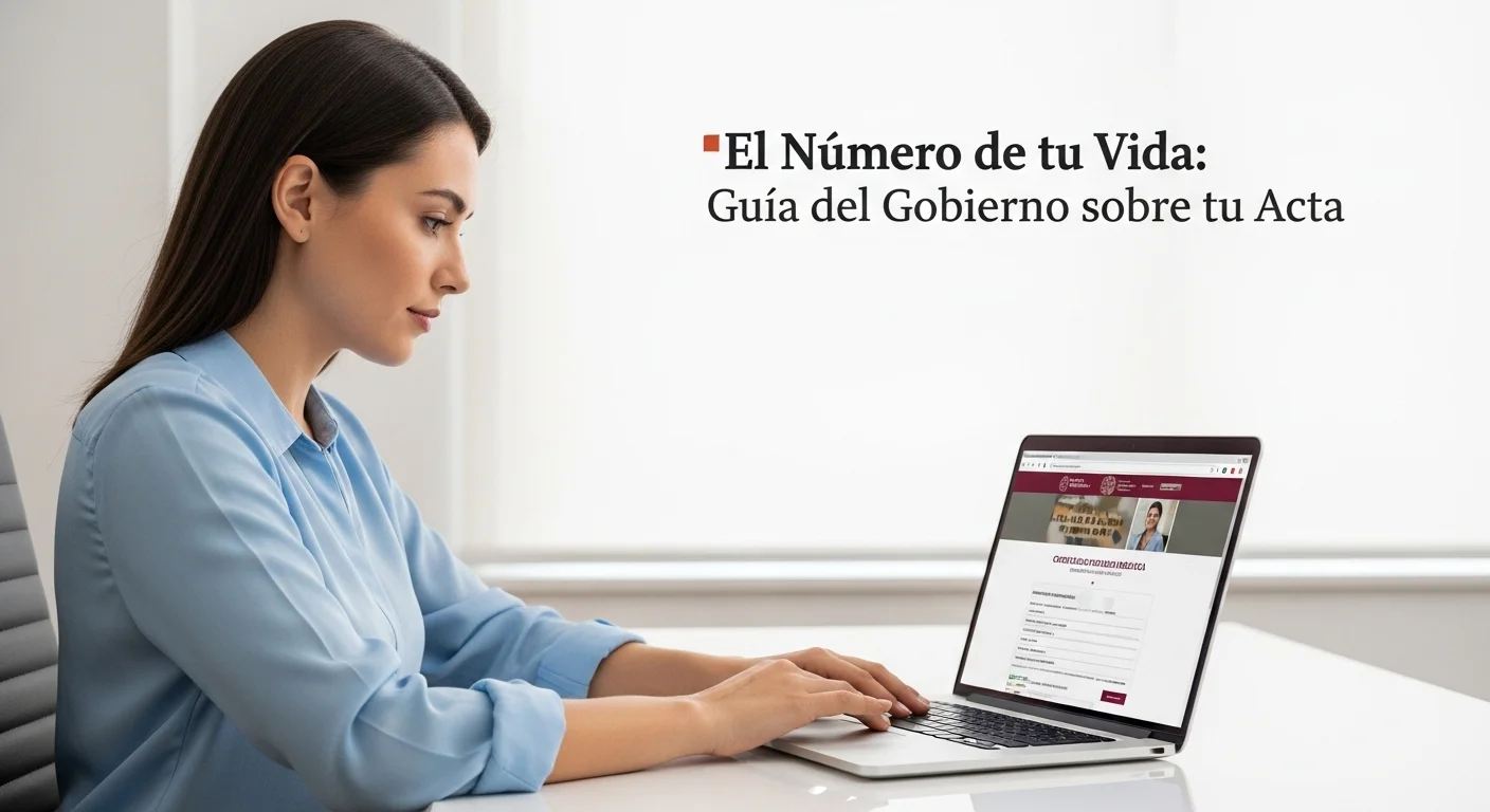 Persona utilizando una laptop para buscar y consultar su número de acta de nacimiento en el portal del gobierno mexicano.