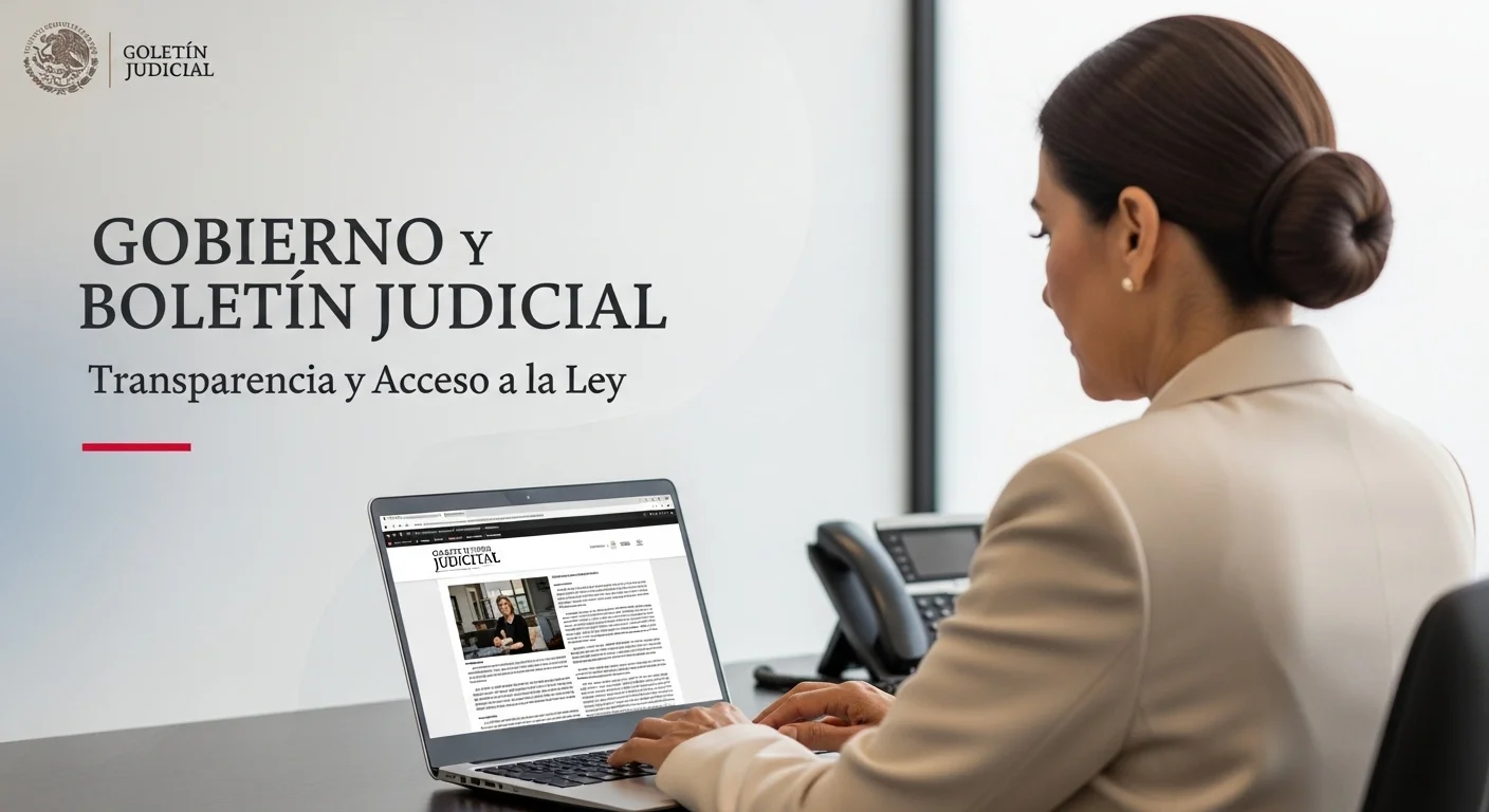 Una persona utilizando una computadora para consultar el Boletín Judicial en línea, simbolizando el acceso a la justicia digital del gobierno mexicano.