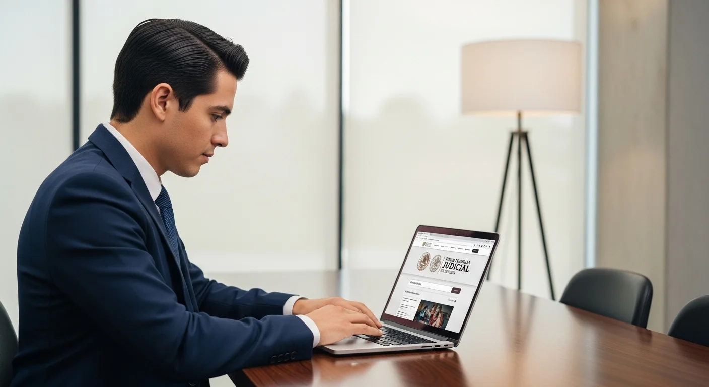 Una persona utilizando una laptop para realizar una consulta en el portal del Poder Judicial de la Federación de México.