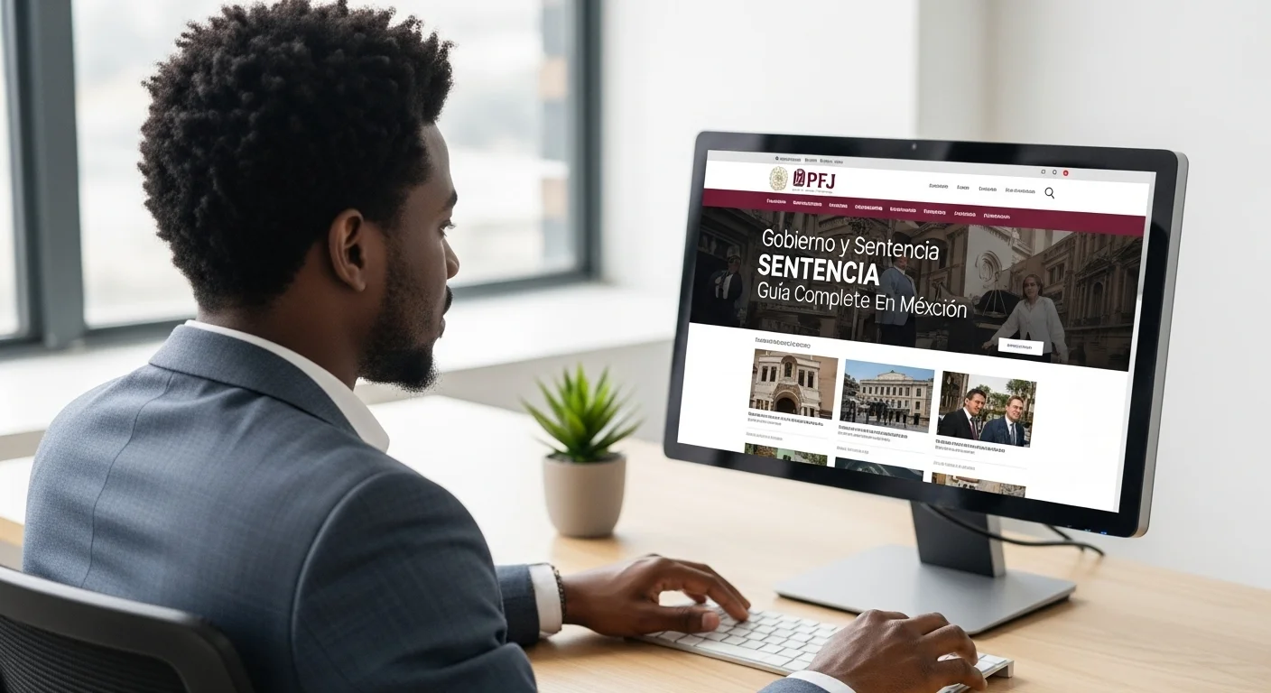 Una persona usando una computadora para realizar una consulta de sentencias judiciales en el portal del Poder Judicial de la Federación.