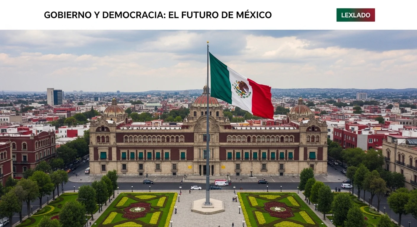 Imagen del Palacio Nacional de México, símbolo del gobierno, con la bandera mexicana ondeando, representando la democracia.