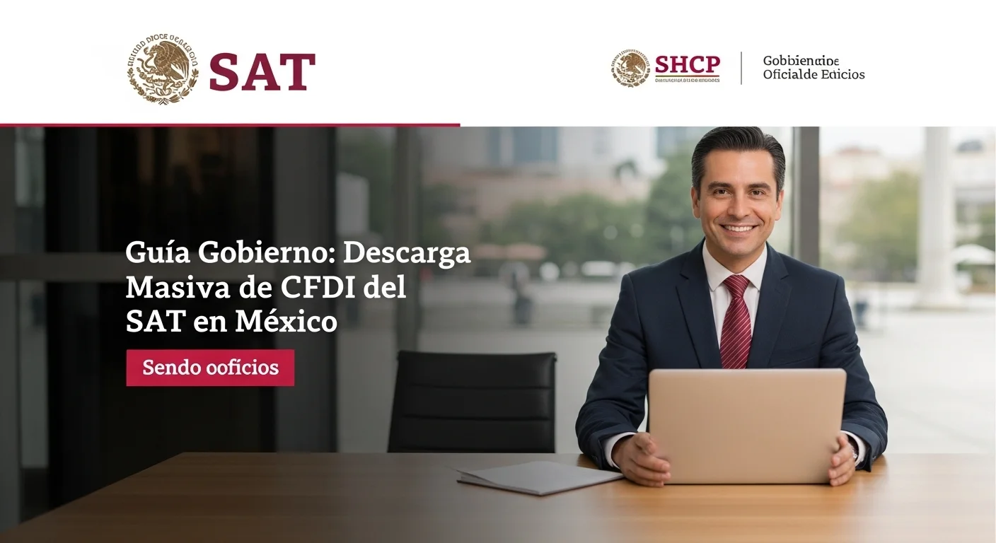 Imagen ilustrativa del portal del SAT del gobierno de México para la descarga de CFDI, con logos de la SHCP.