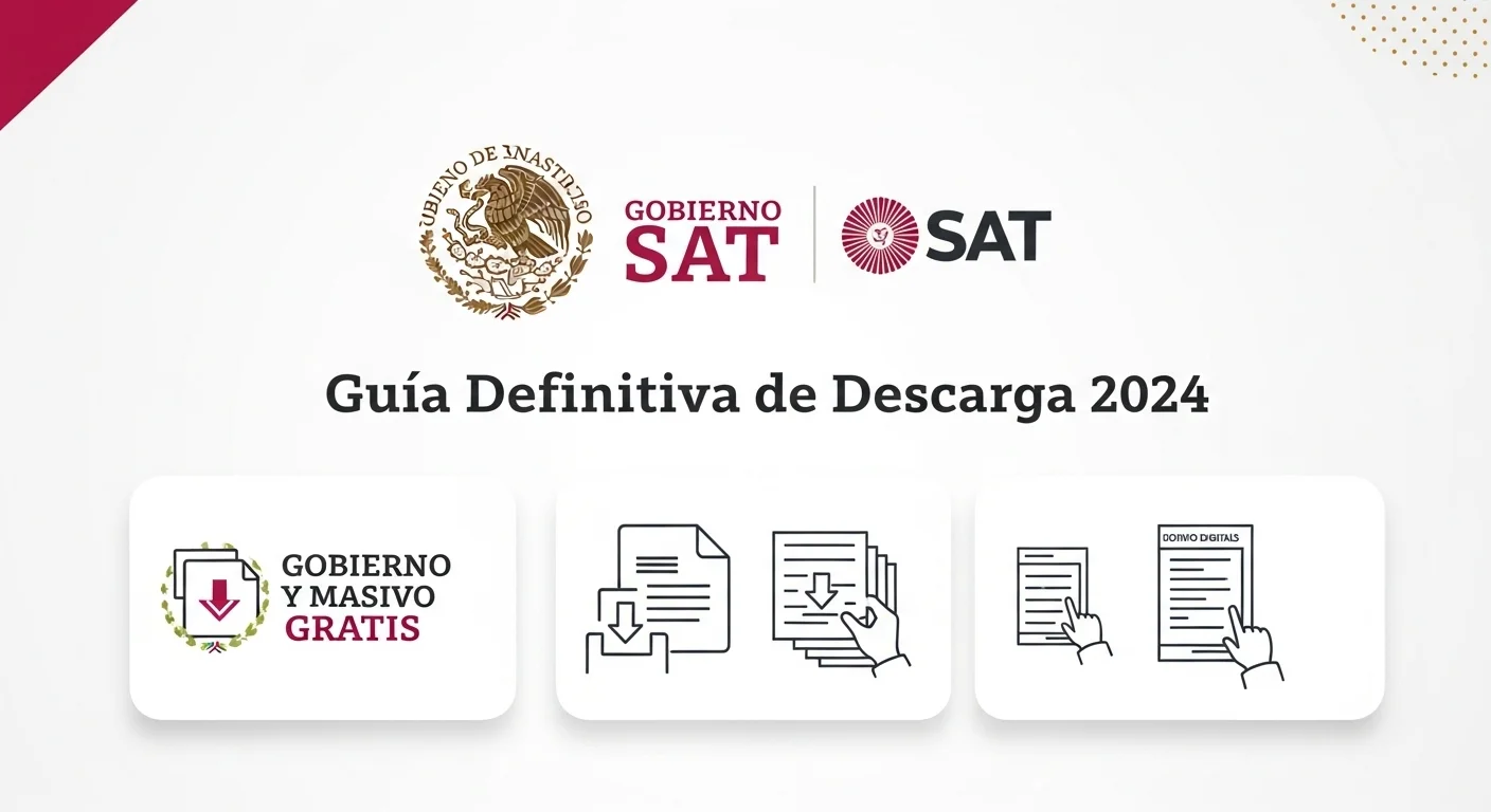 Una imagen conceptual que muestra el logotipo del Gobierno de México y el del SAT junto a íconos de descarga y facturas, representando el servicio Masivo Gratis.