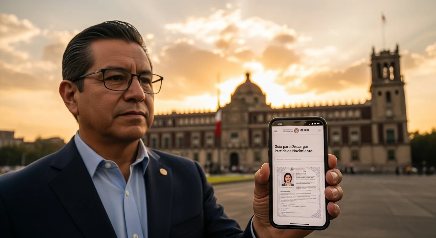 Una persona sostiene un celular mostrando el portal del gobierno de México para descargar la partida de nacimiento, con el Palacio Nacional de fondo.