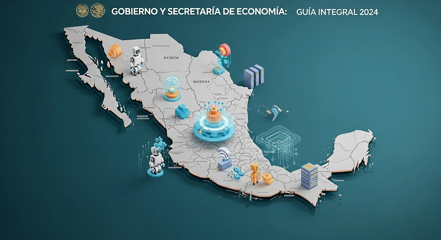 Imagen conceptual de la economía del conocimiento en México, con gráficos y símbolos de tecnología sobre un mapa del país