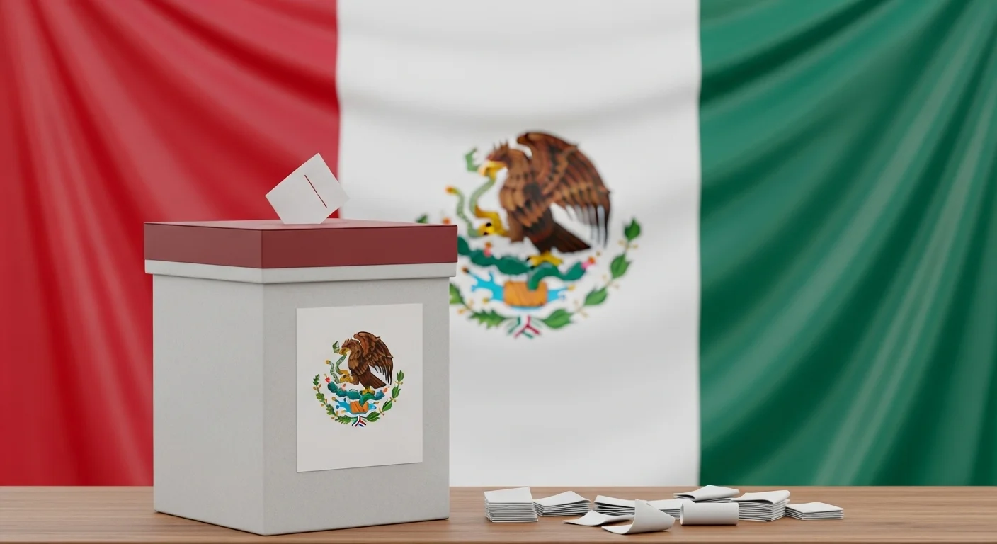 Una imagen de una urna electoral mexicana con la bandera de México de fondo, simbolizando la 2024 Eleccion y el gobierno.