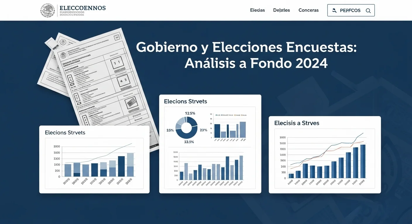Papeleta de votación y gráficos de encuestas, simbolizando las Elecciones Encuestas en México y el rol del gobierno.