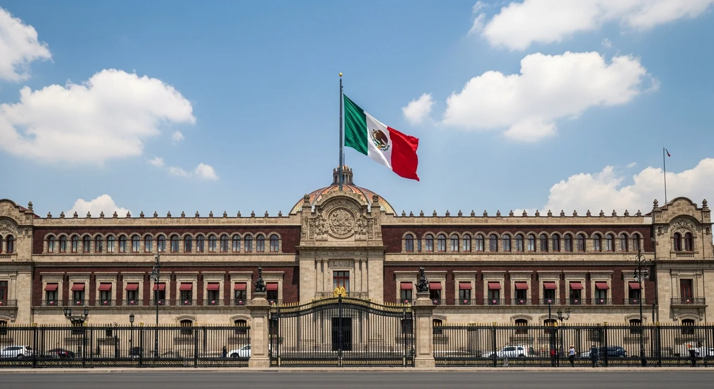 Una imagen del Palacio Nacional de México con una urna electoral superpuesta, simbolizando el nuevo gobierno y las elecciones de 2024.