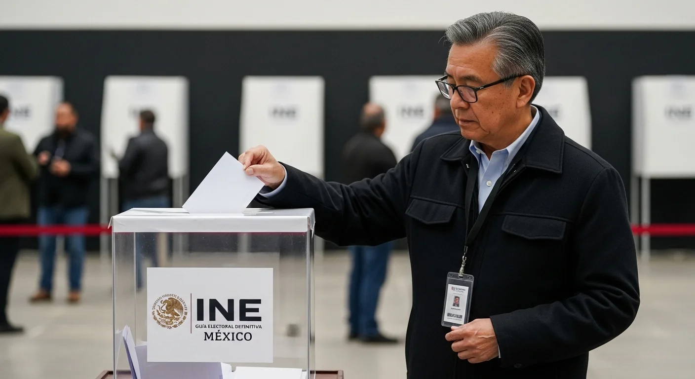 Una persona deposita su voto en una urna transparente con el logo del INE durante las elecciones de 2024 en México, representando el ejercicio de la democracia y el rol del gobierno.