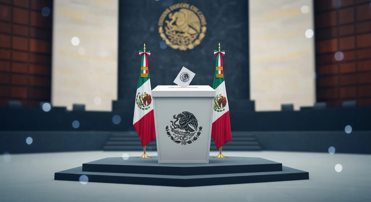 Una urna electoral con el escudo de México, simbolizando el proceso de las elecciones y la decisión del gobierno por parte del pueblo.