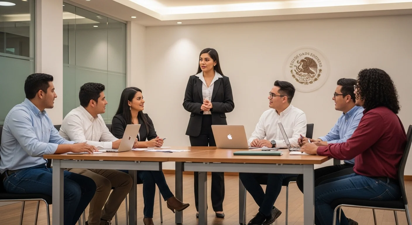 Grupo de jóvenes emprendedores en una reunión de capacitación en la Secretaría de Desarrollo Económico.