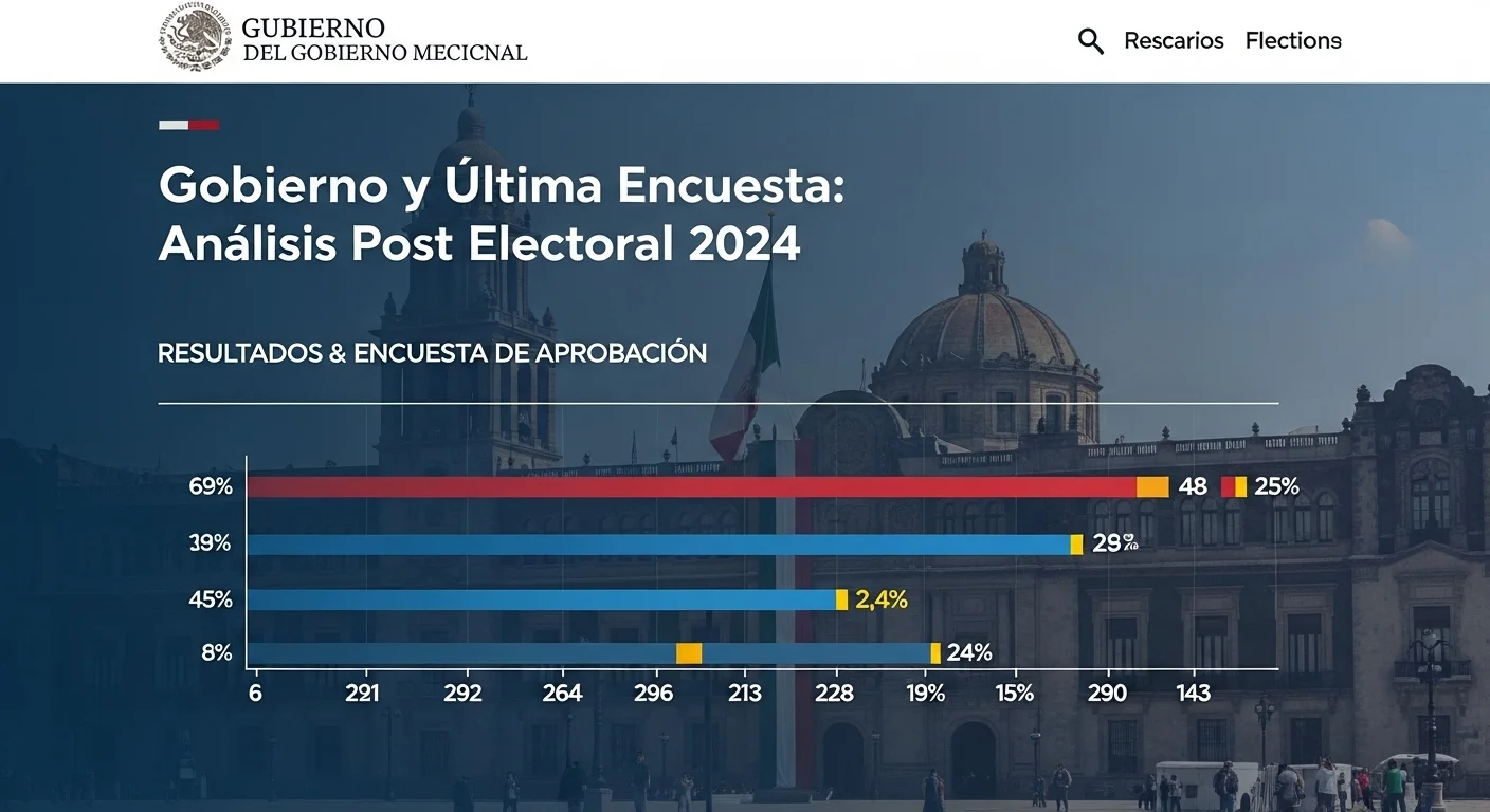 Una gráfica mostrando resultados de una encuesta de aprobación del gobierno mexicano con el Palacio Nacional de fondo.