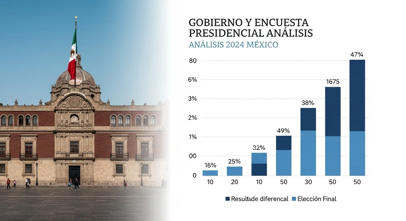 Una gráfica mostrando la gran diferencia entre los resultados de las encuestas presidenciales y los resultados electorales finales en México 2024, con el palacio nacional de fondo representando al gobierno.
