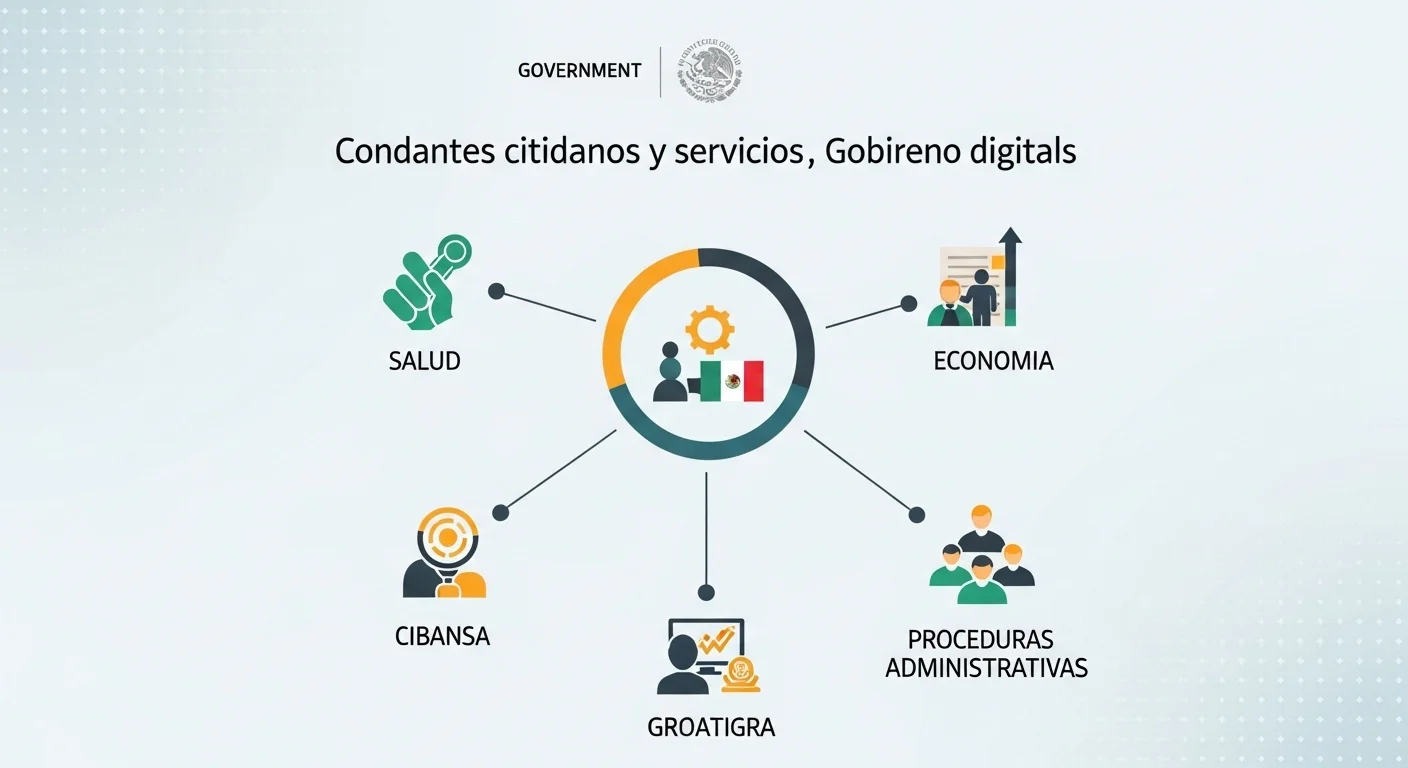 Infografía mostrando la conexión entre las búsquedas de los ciudadanos y los servicios digitales del gobierno de México, con iconos de salud, economía y trámites.
