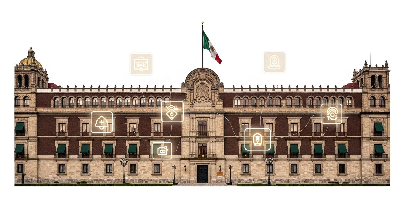 Una ilustración del Palacio Nacional de México con símbolos digitales superpuestos, representando la modernización del gobierno a través de la Sat Firma.