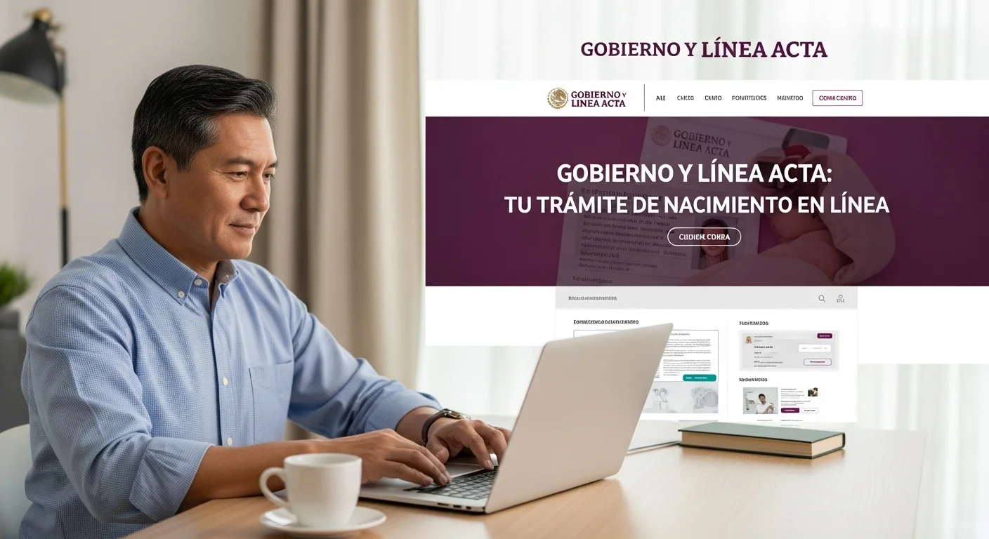 Ciudadano utilizando una computadora portátil para acceder al portal del gobierno de México y realizar el trámite de Linea Acta.