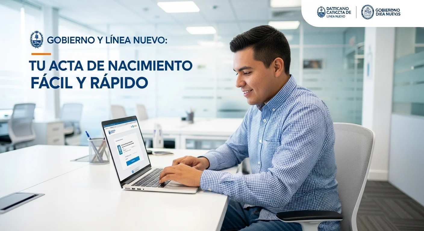 Ciudadano utilizando una laptop para tramitar en el portal del gobierno el acta de nacimiento en línea de Linea Nuevo.