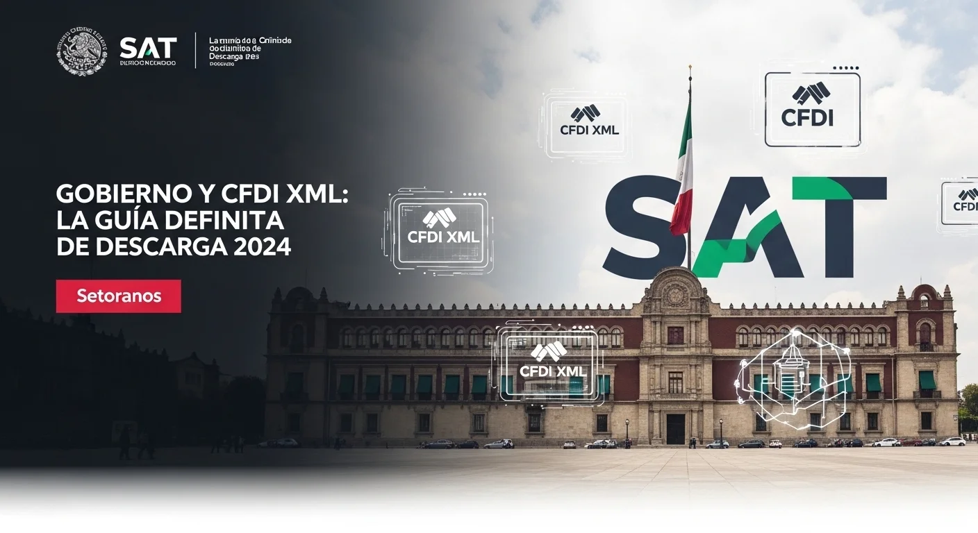 Imagen del Palacio Nacional con el logo del SAT y símbolos de CFDI XML para representar la fiscalización del gobierno mexicano.