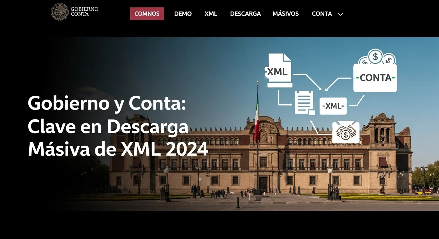 Imagen del Palacio Nacional de México, sede del gobierno federal, superpuesto con íconos de XML y gráficos fiscales, representando la interacción entre el gobierno y Conta.