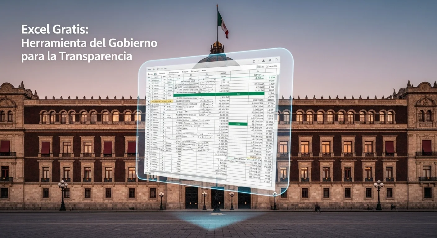 Imagen del Palacio Nacional de México con un holograma de una hoja de cálculo de Excel, simbolizando la transparencia del gobierno.