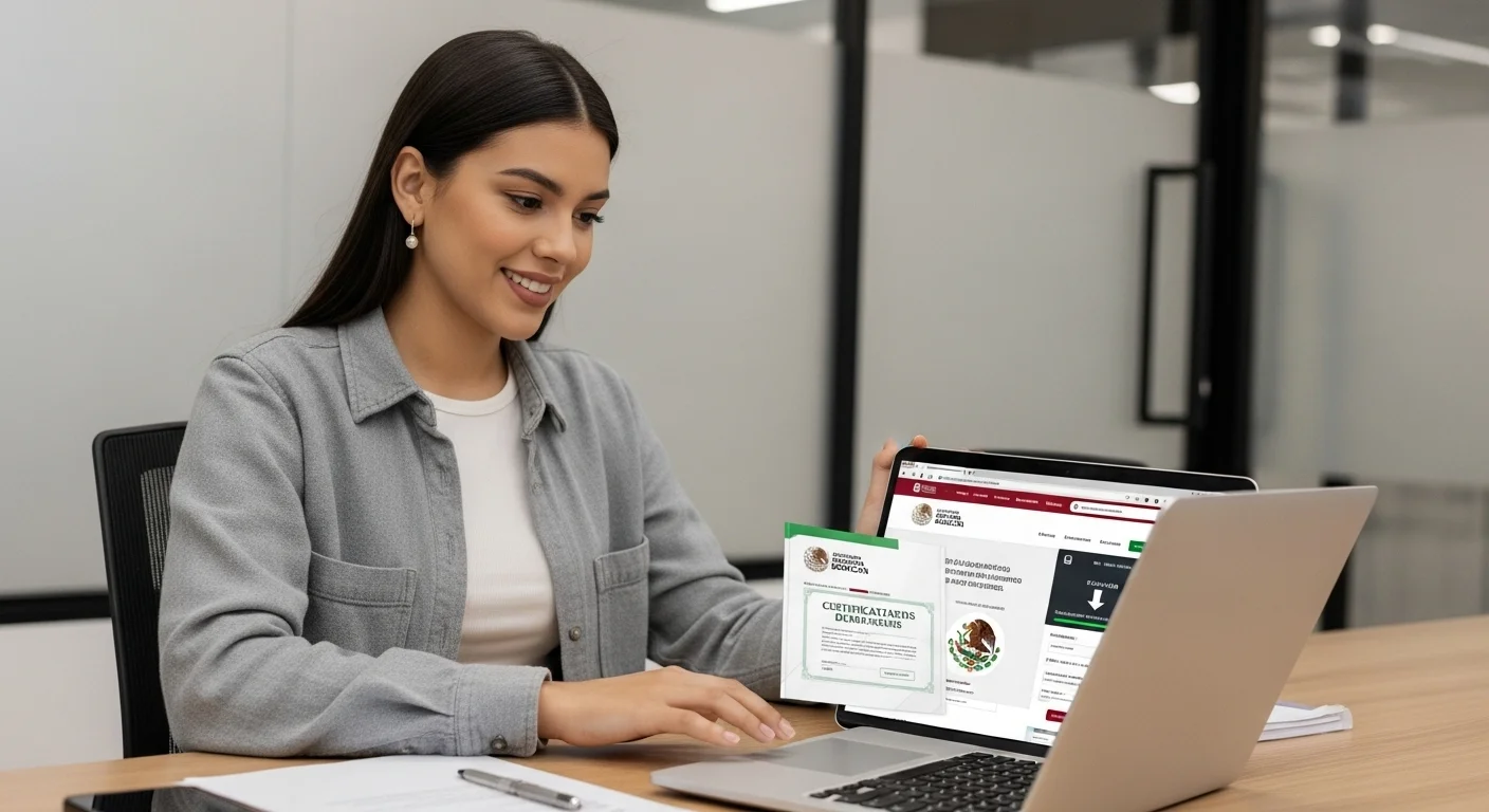 Ciudadana utilizando una computadora portátil para acceder al portal del gobierno de México y descargar un acta de nacimiento, representando la facilidad de los trámites en línea.
