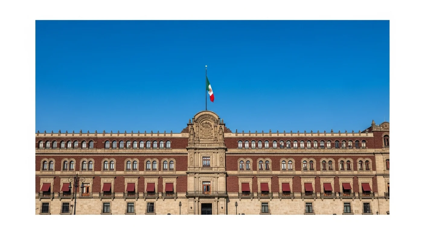 Fachada del Palacio Nacional, sede del poder ejecutivo del gobierno mexicano, con el cielo azul de fondo, simbolizando la administración fiscal y el trámite de RFC para extranjeros.