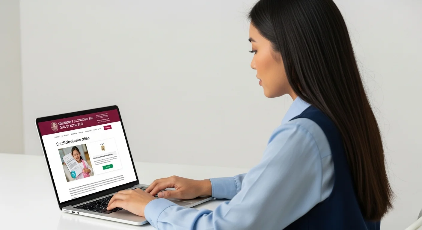 Ciudadano utilizando una computadora portátil para acceder al portal del gobierno mexicano y tramitar un acta de nacimiento en línea.